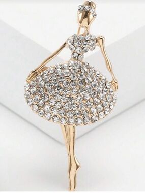 Anthropologie Gold Ballerina Brooch with Clear Crystals